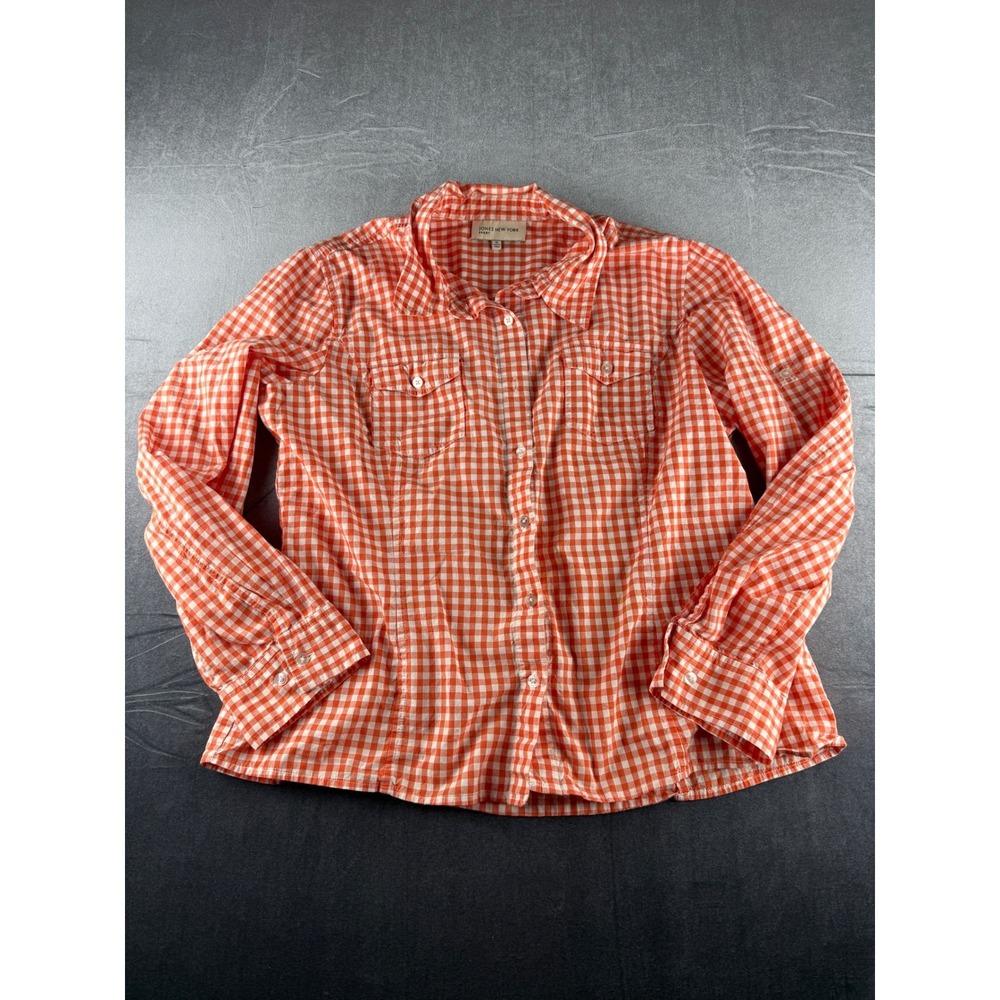 Jones New York Sport Orange Gingham Check Button Down Shirt Cotton Womens Large